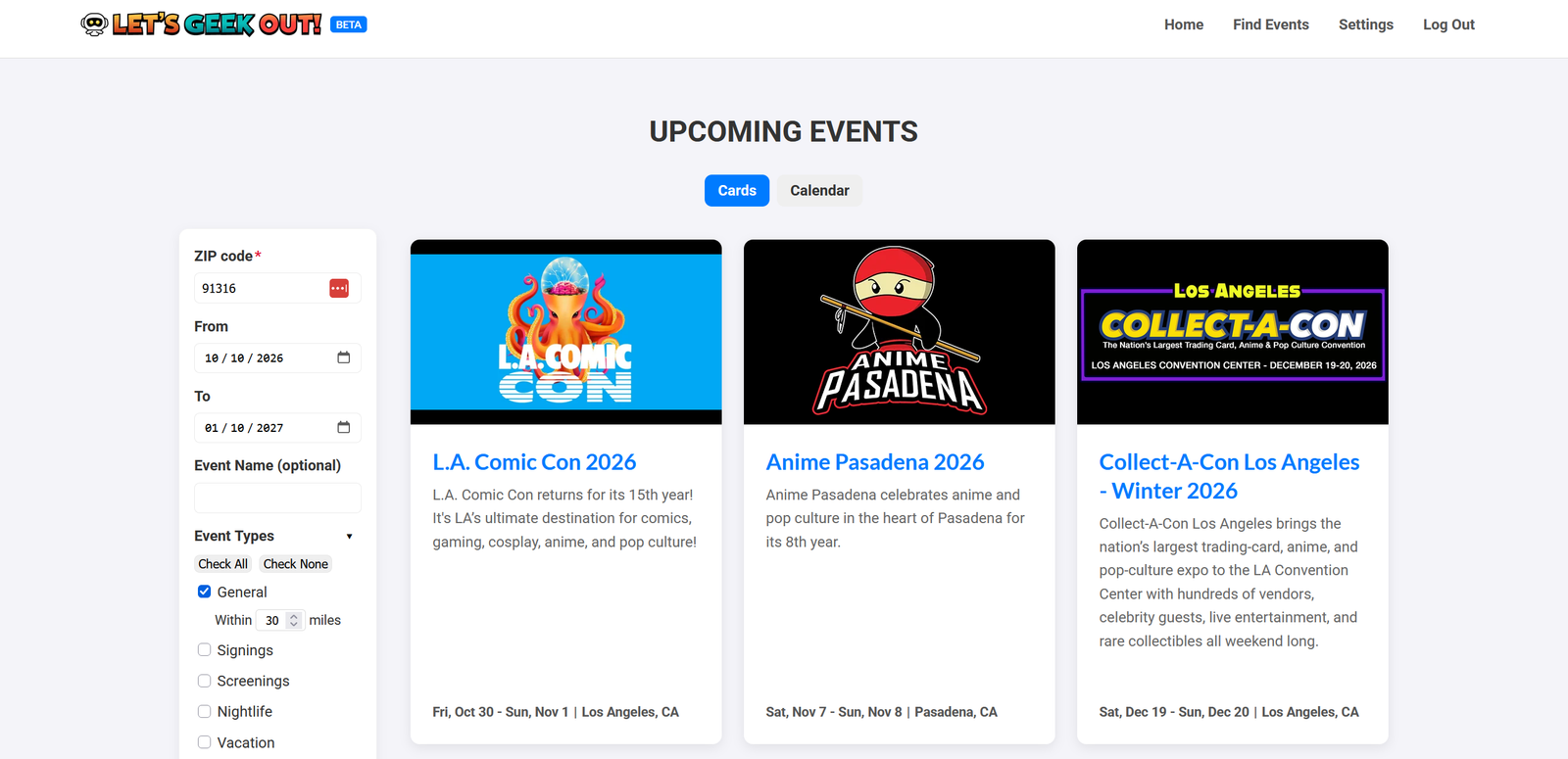 The Let’s Geek Out Find Events page, with search filters on the left and event cards for L.A. Comic Con, Anime Pasadena, and Collect-A-Con Los Angeles.